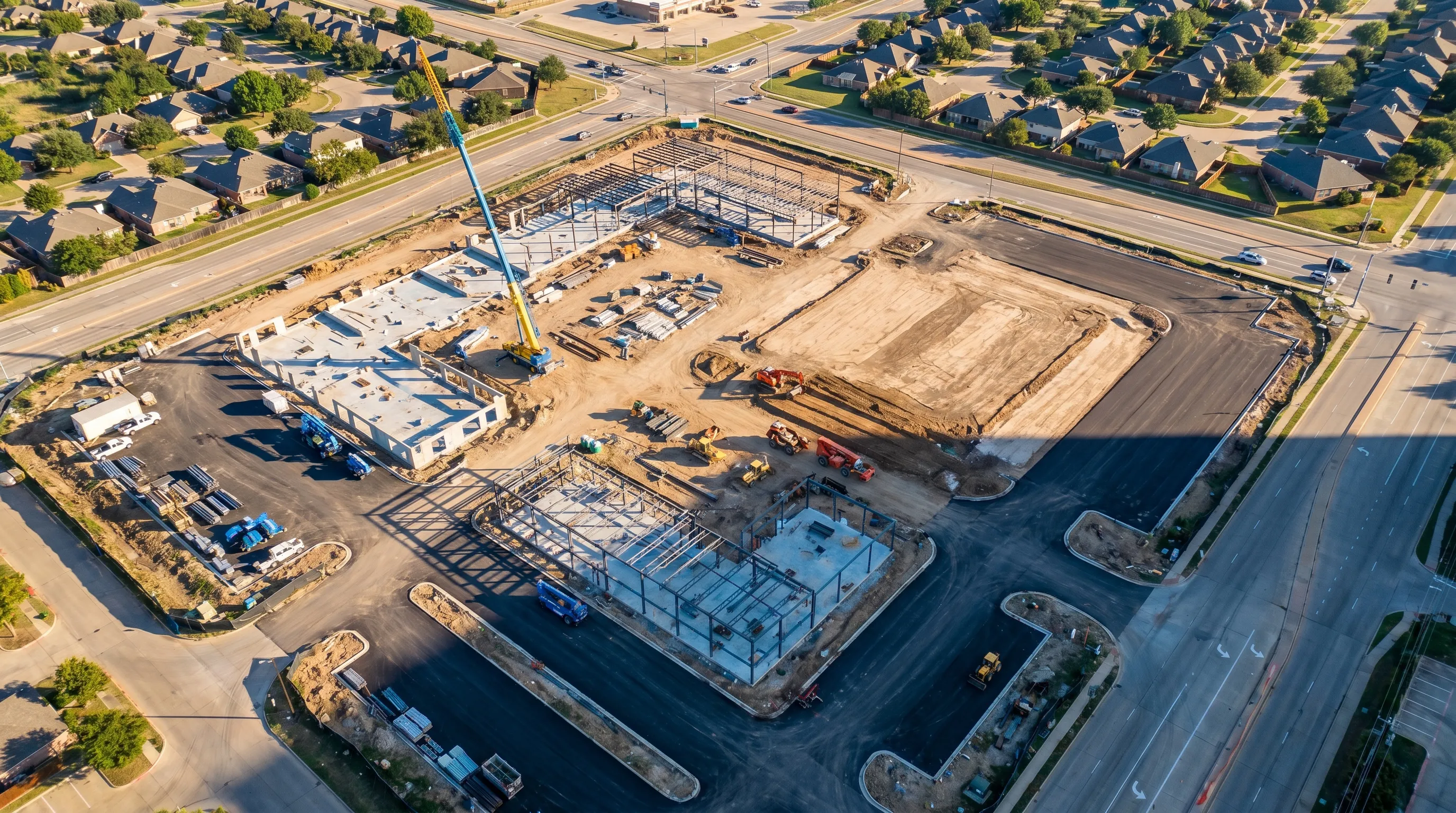Aerial view of an active commercial construction site in DFW.