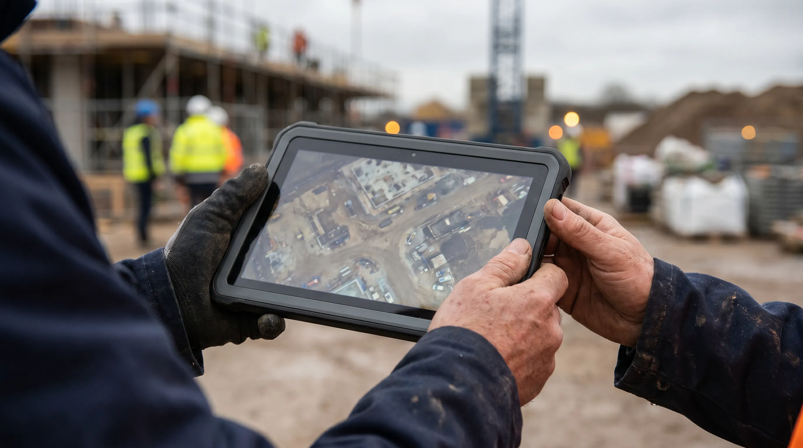 Aerial site map open on a tablet on a job site.