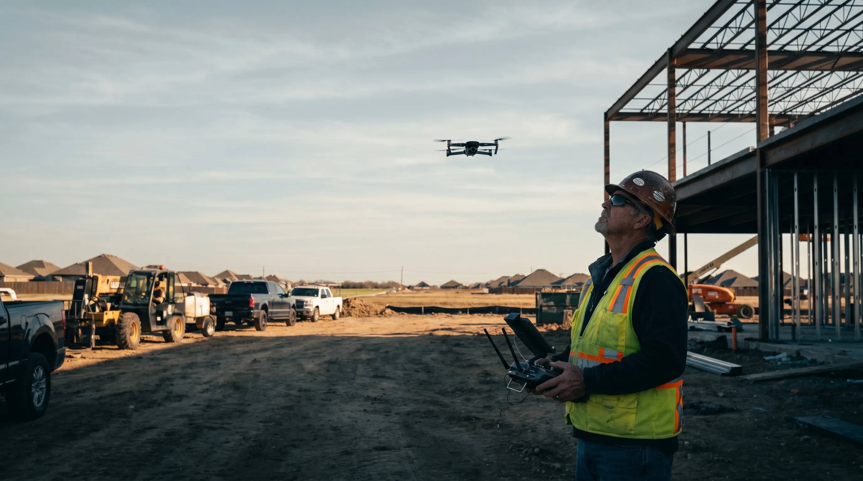 Certified drone pilot on a job site in Dallas-Fort Worth.