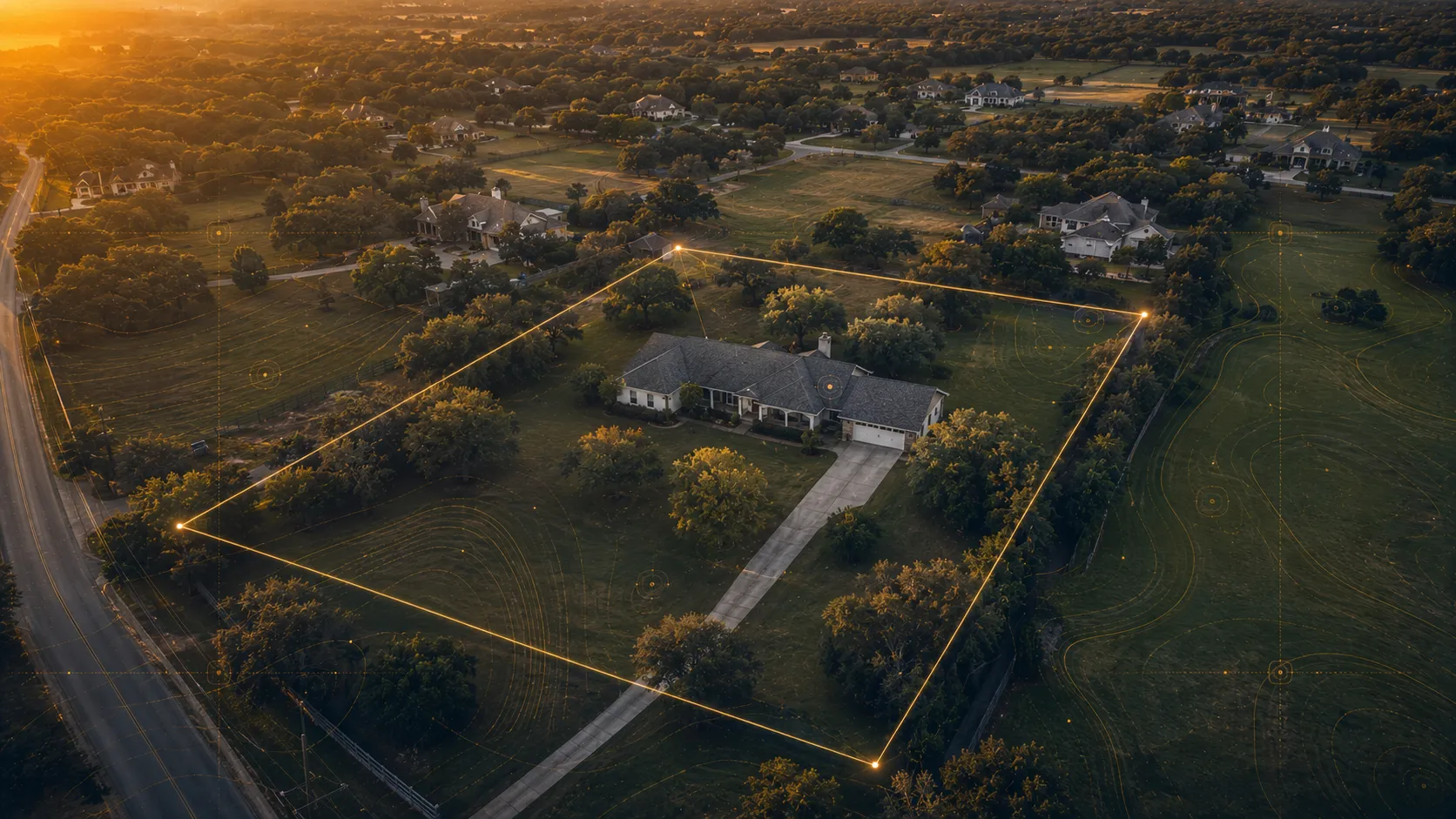 Aerial photo of a property with lot-line overlay.